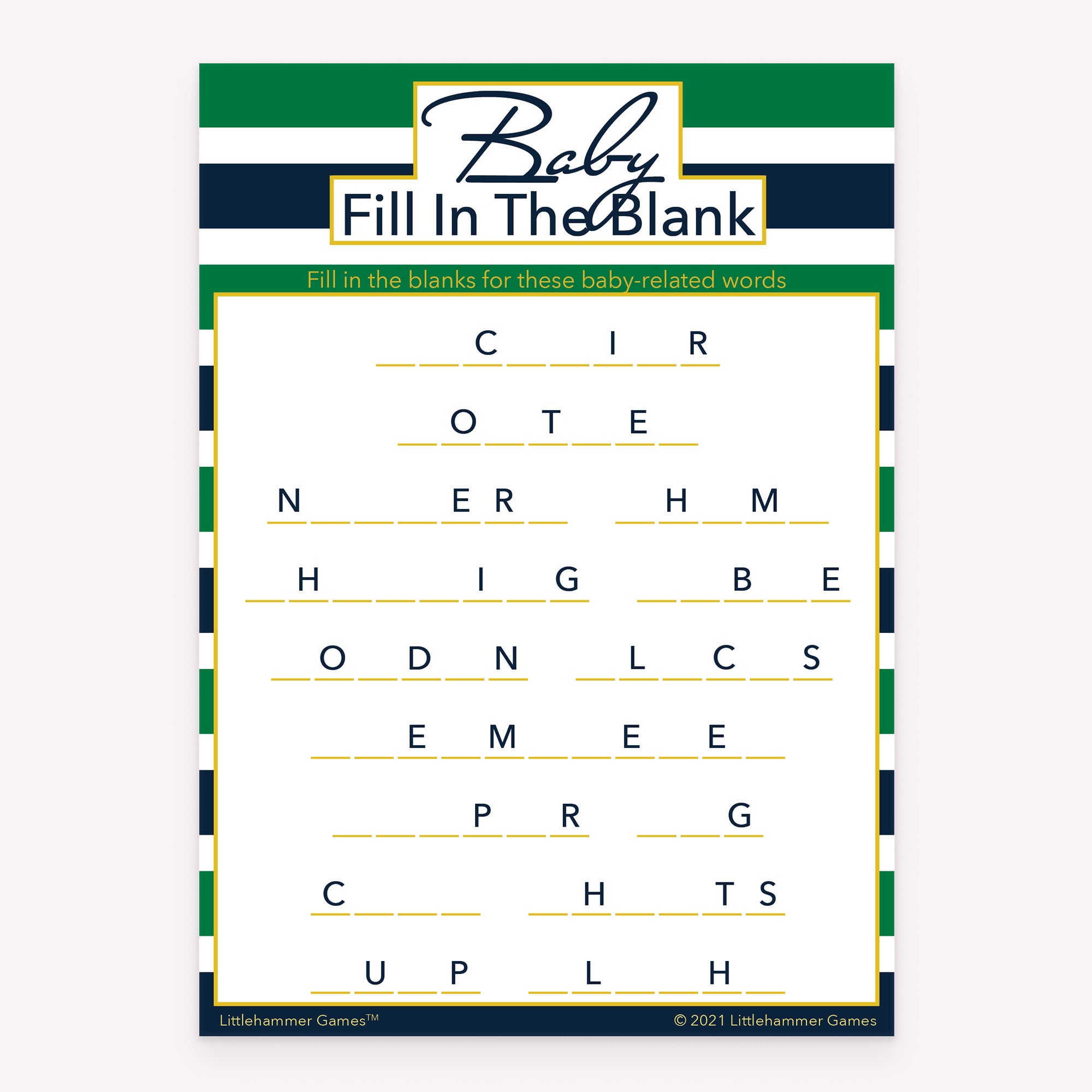 Baby Fill in the Blank baby shower printable activity card in green and navy stripes