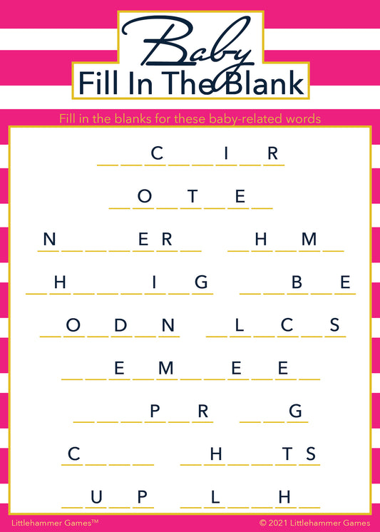Baby Fill in the Blank game card with a hot pink-striped background