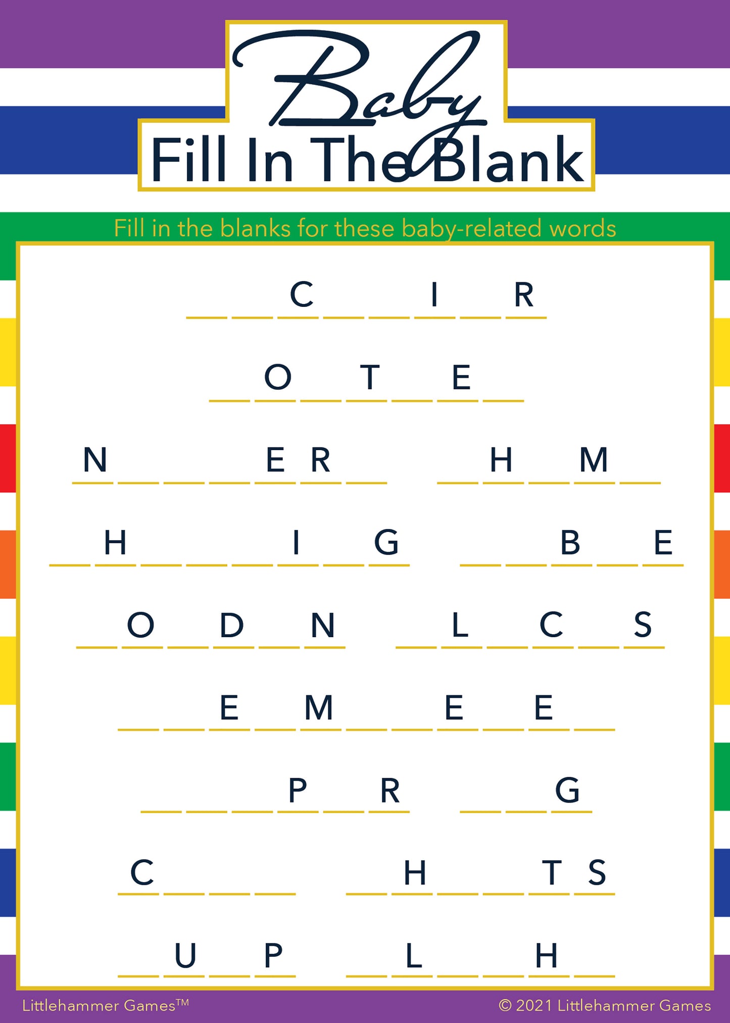 Baby Fill in the Blank game card with a rainbow-striped background