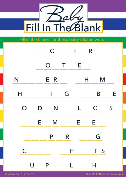 Baby Fill in the Blank game card with a rainbow-striped background