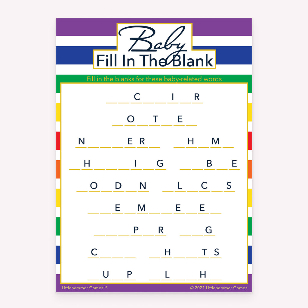 Baby Fill in the Blank game card with a rainbow-striped background