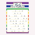 Baby Fill in the Blank game card with a rainbow-striped background