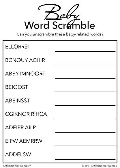 Baby Word Scramble game card with black text on a white background