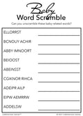 Baby Word Scramble game card with black text on a white background