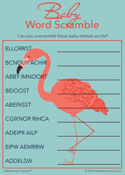Baby Word Scramble game card with a bright flamingo on a blue background