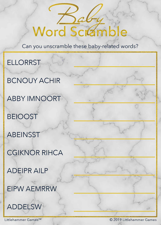 Baby Word Scramble game card with gold text on a marble background