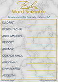 Baby Word Scramble game card with gold text on a marble background