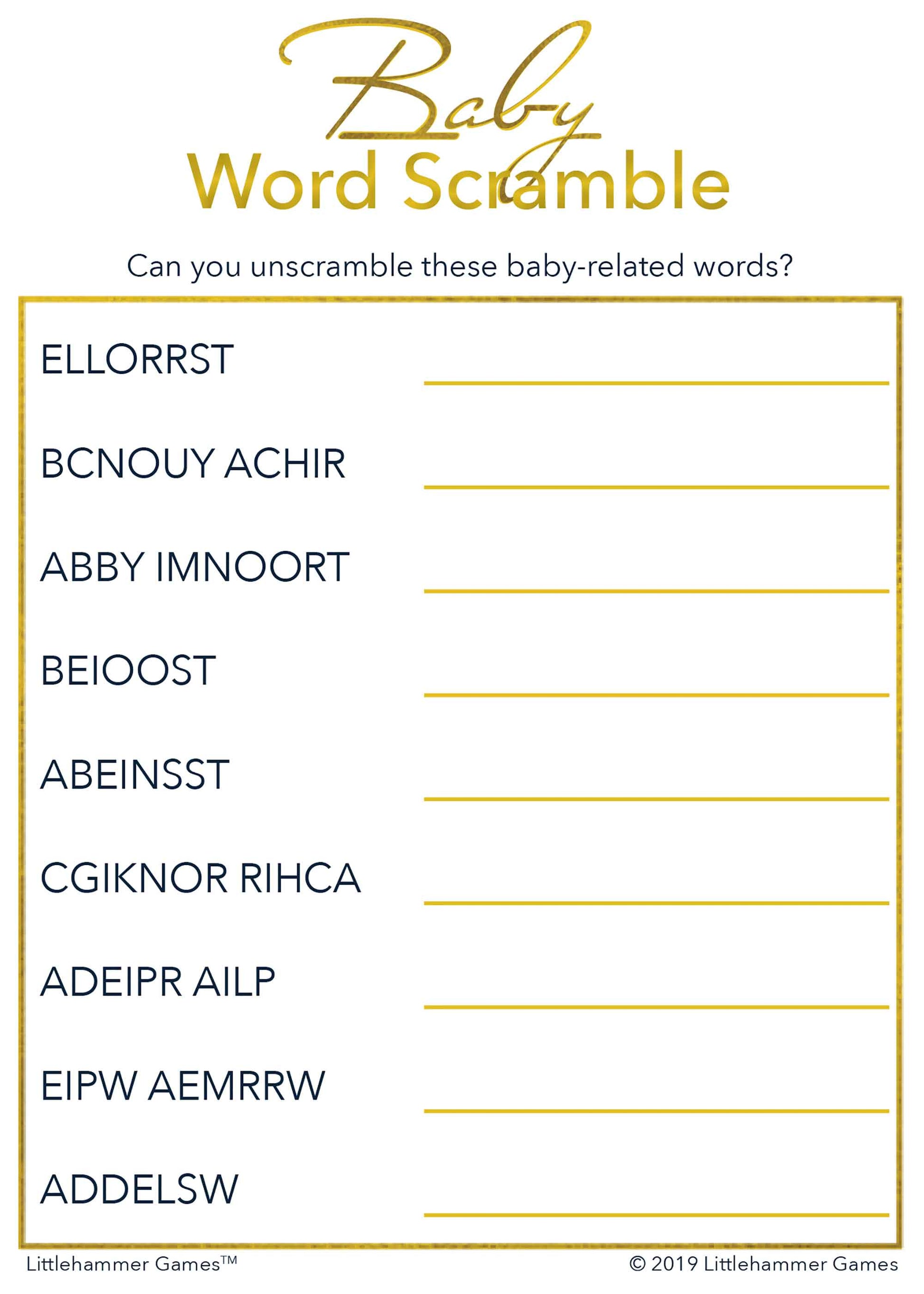 Baby Word Scramble game card with gold text on a white background
