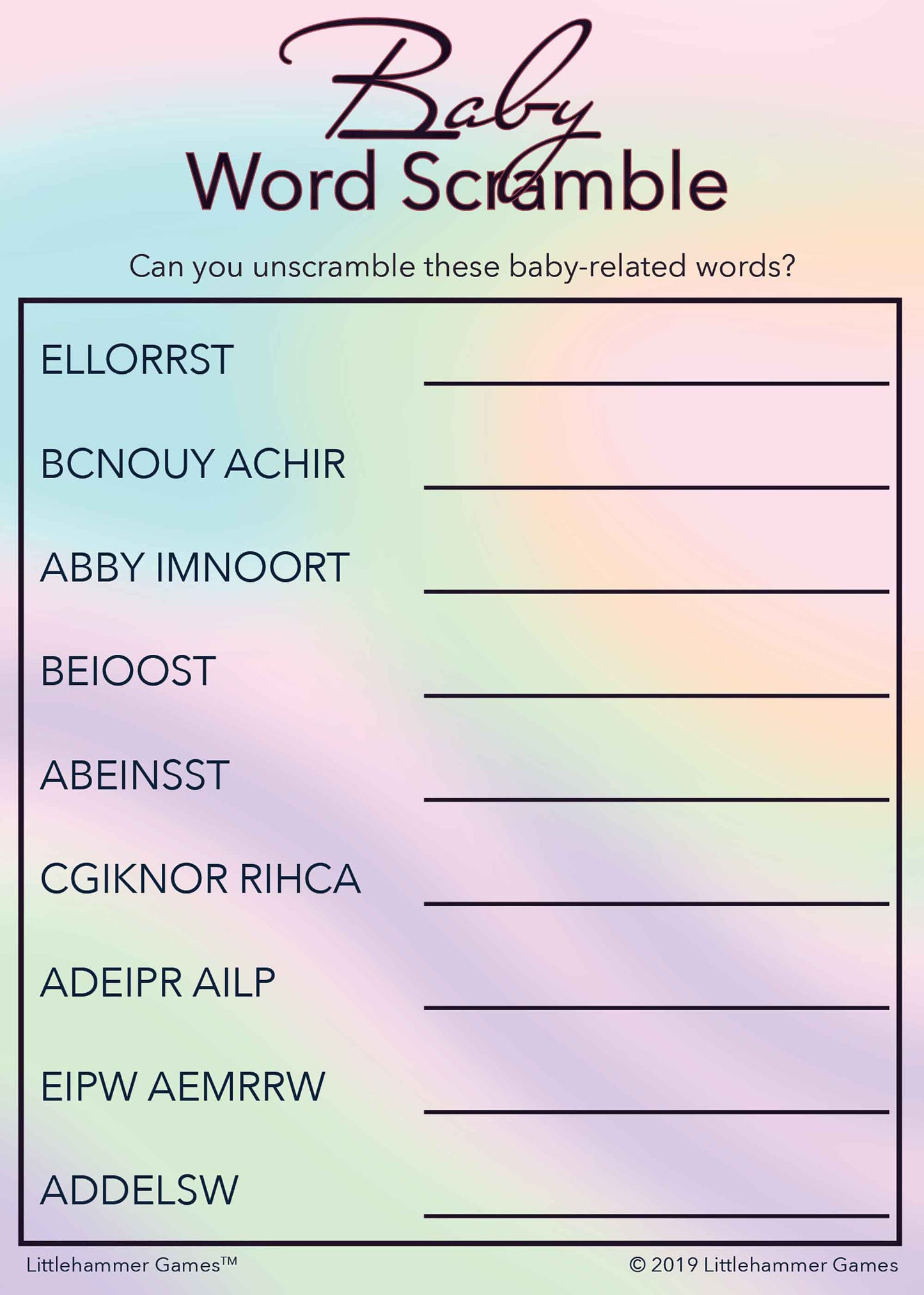 Baby Word Scramble game card with a rainbow holographic background