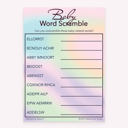 Baby Word Scramble game card with a rainbow holographic background