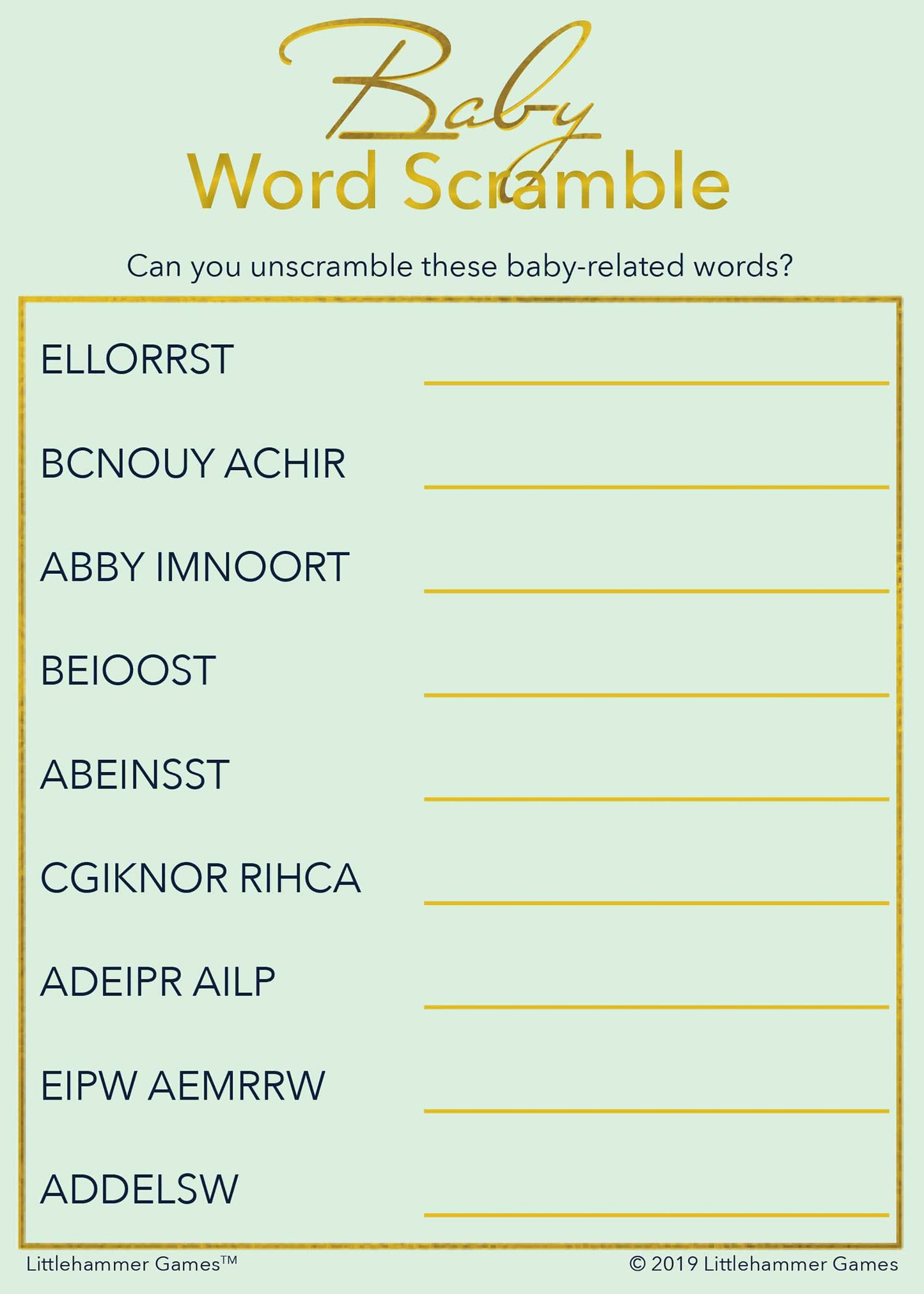 Baby Word Scramble game card with gold text on a mint background