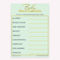 Baby Word Scramble printable baby shower game card with mint and gold background