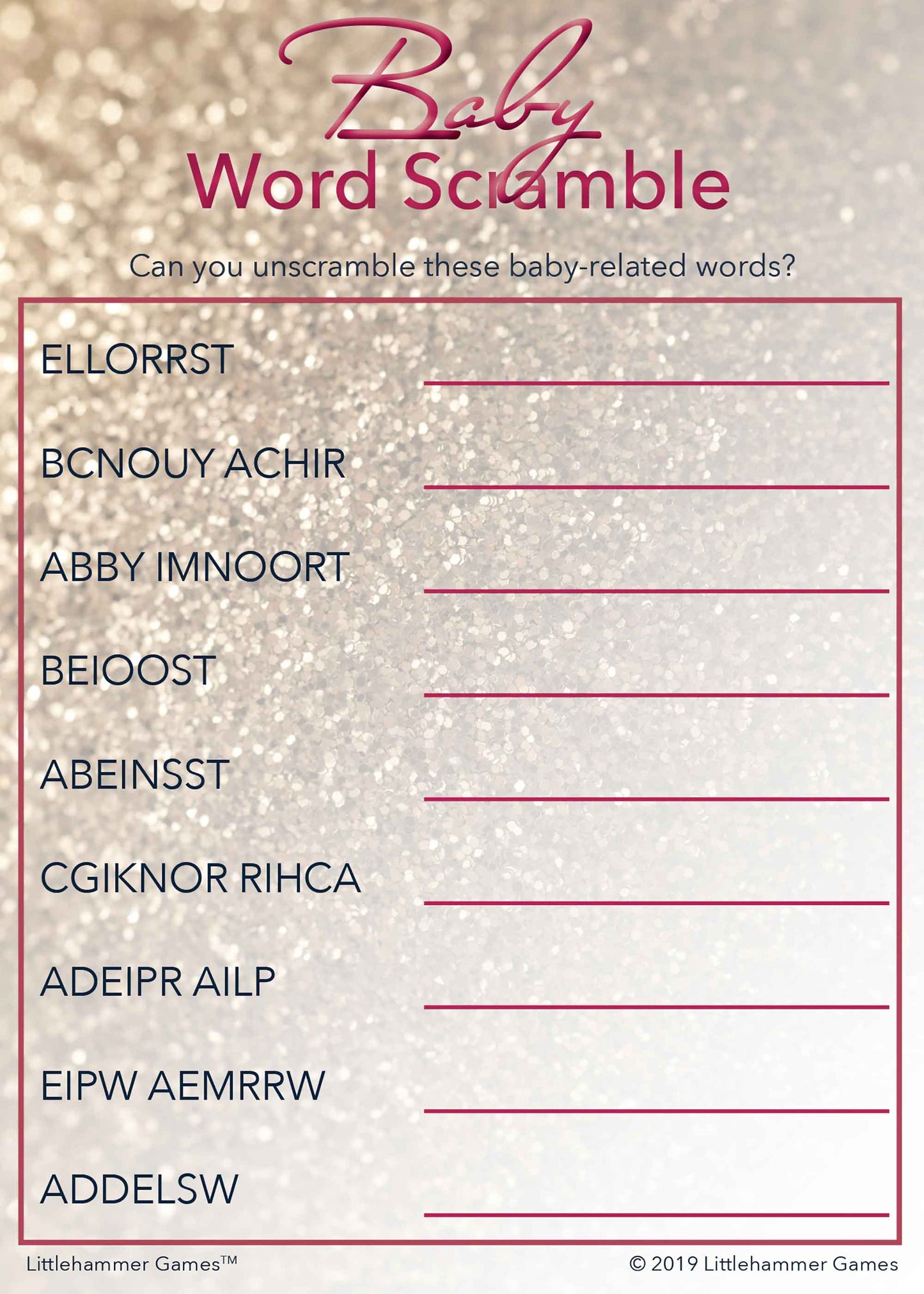 Baby Word Scramble game card with a glittery rose gold background