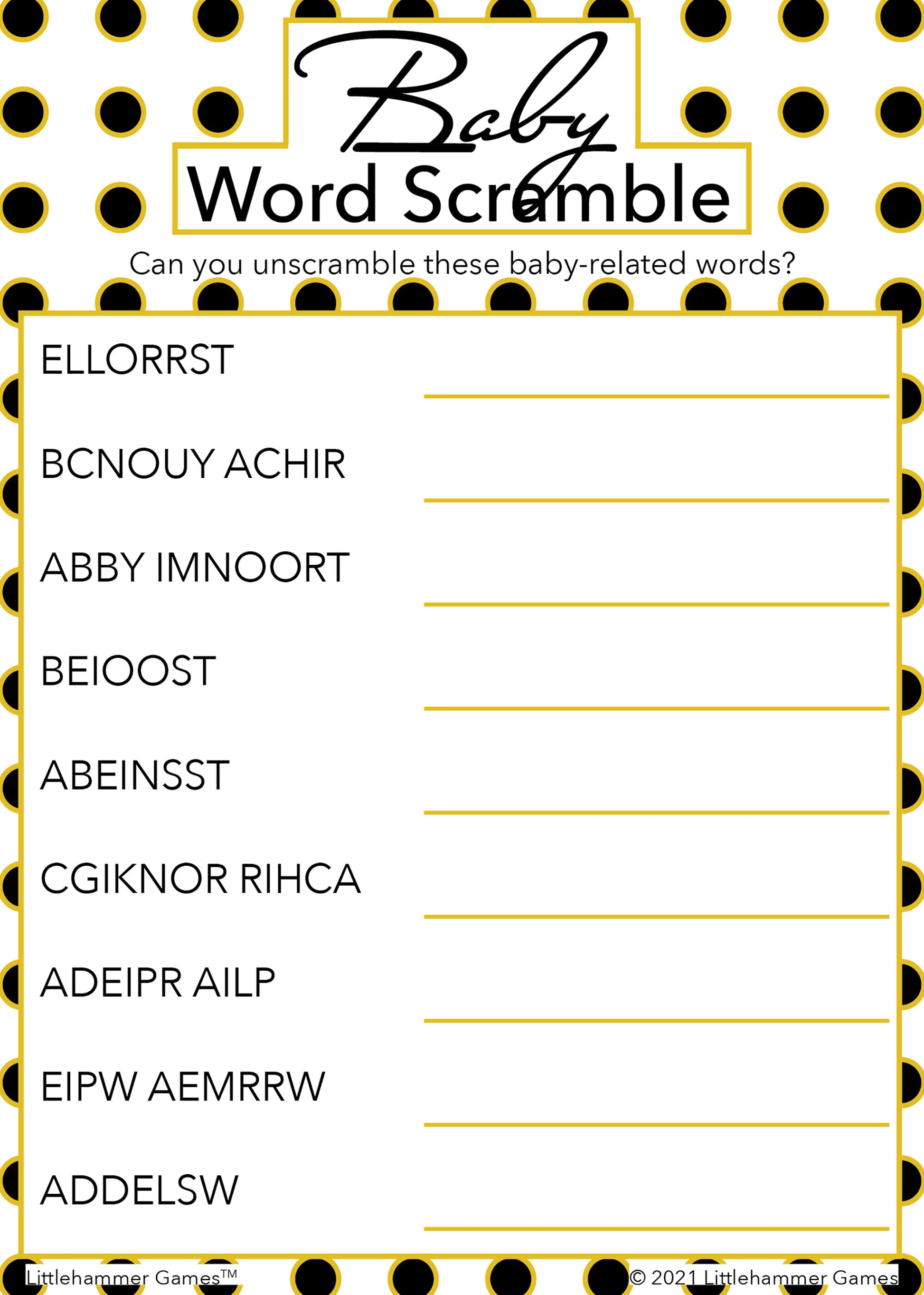 Baby Word Scramble game card with a black and gold polka dot background