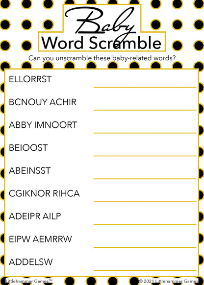Baby Word Scramble game card with a black and gold polka dot background
