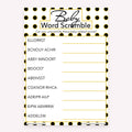 Baby shower printable Baby Word Scramble card featuring black and gold polka dots