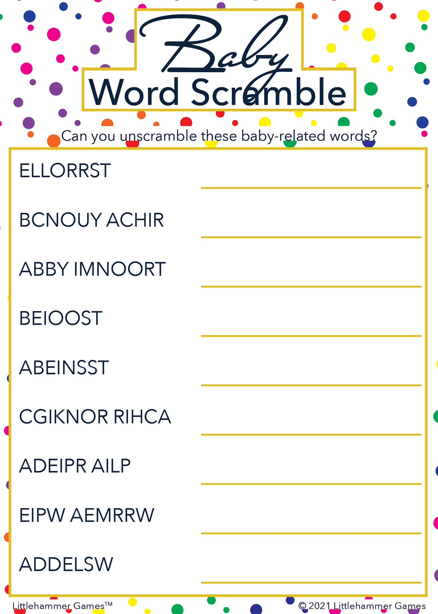 Baby Word Scramble game card with a rainbow polka dot background