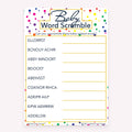 Baby Word Scramble game card with a rainbow polka dot background