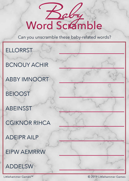 Baby Word Scramble game card with rose gold text on marble background