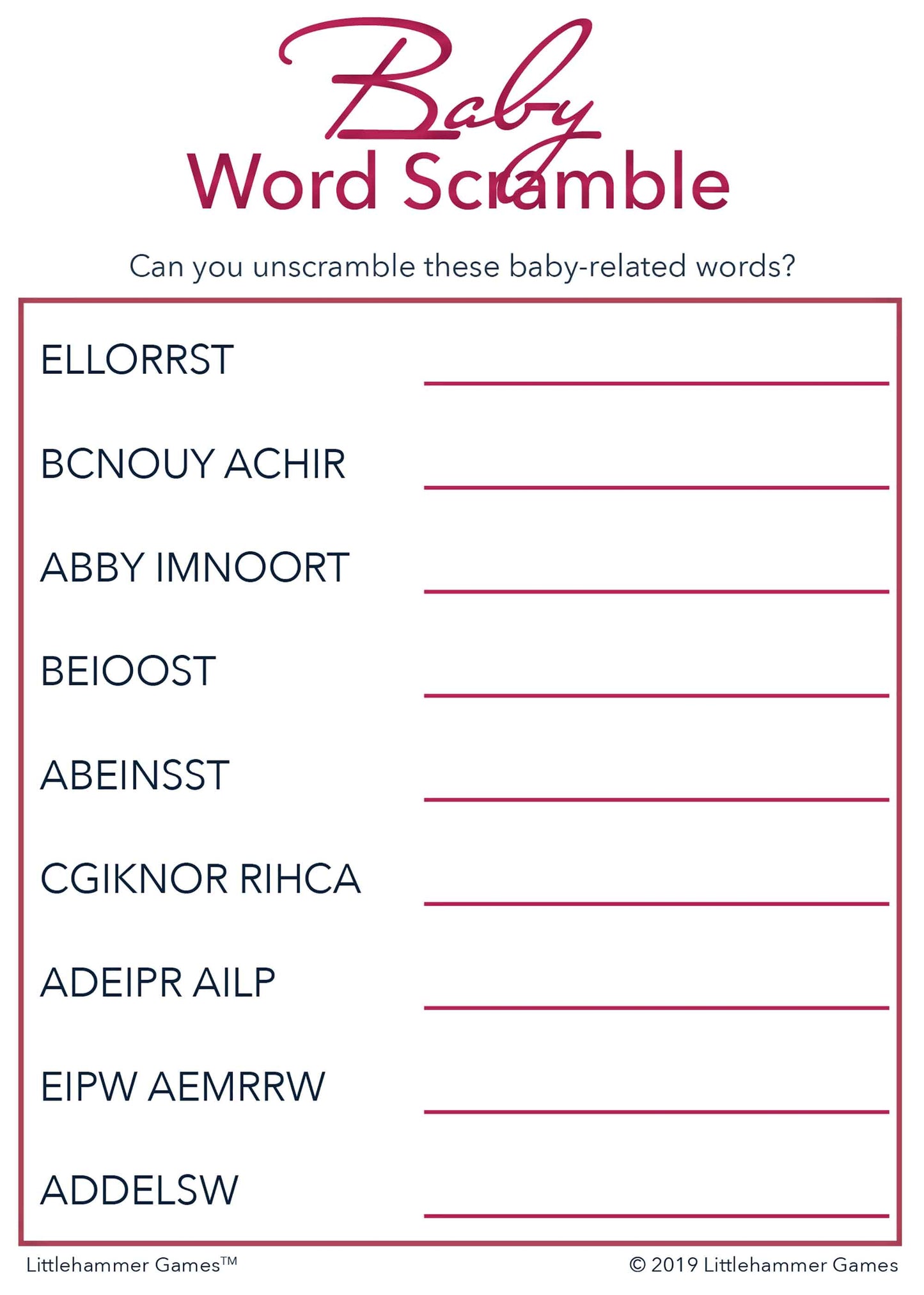 Baby Word Scramble game card with rose gold text on a white background