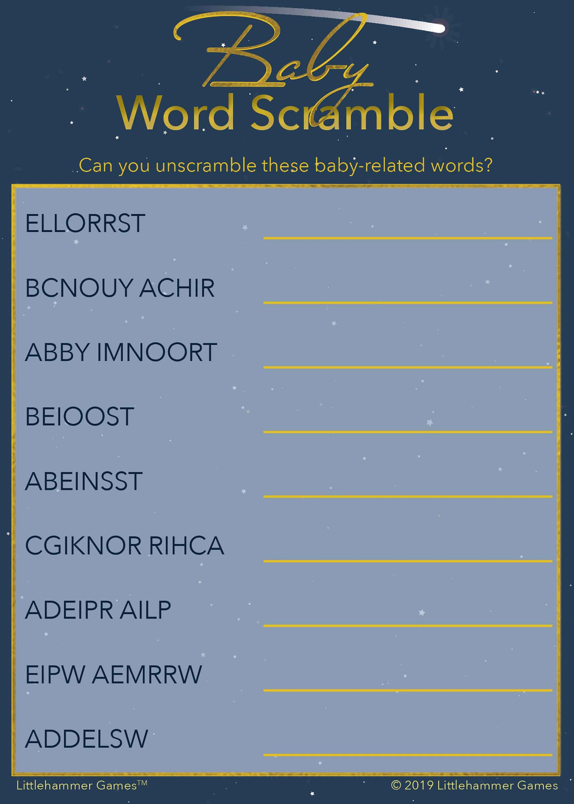 Baby Word Scramble game card with a celestial background