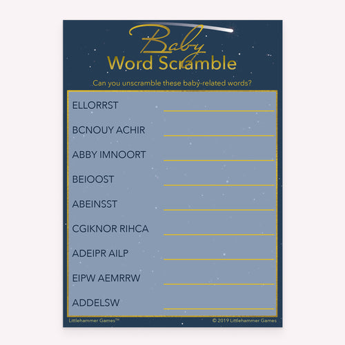 Baby Word Scramble game card with a celestial background