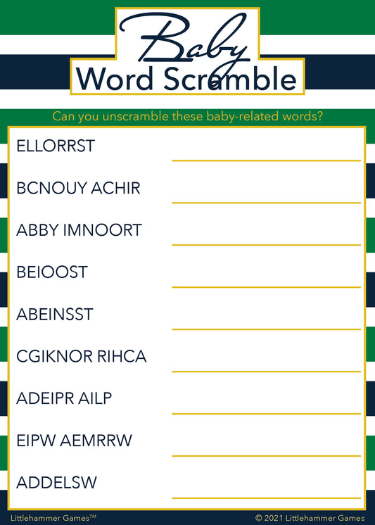 Baby Word Scramble game card with a green and navy-striped background