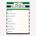 Printable baby shower Baby Word Scramble card in green and navy stripes theme