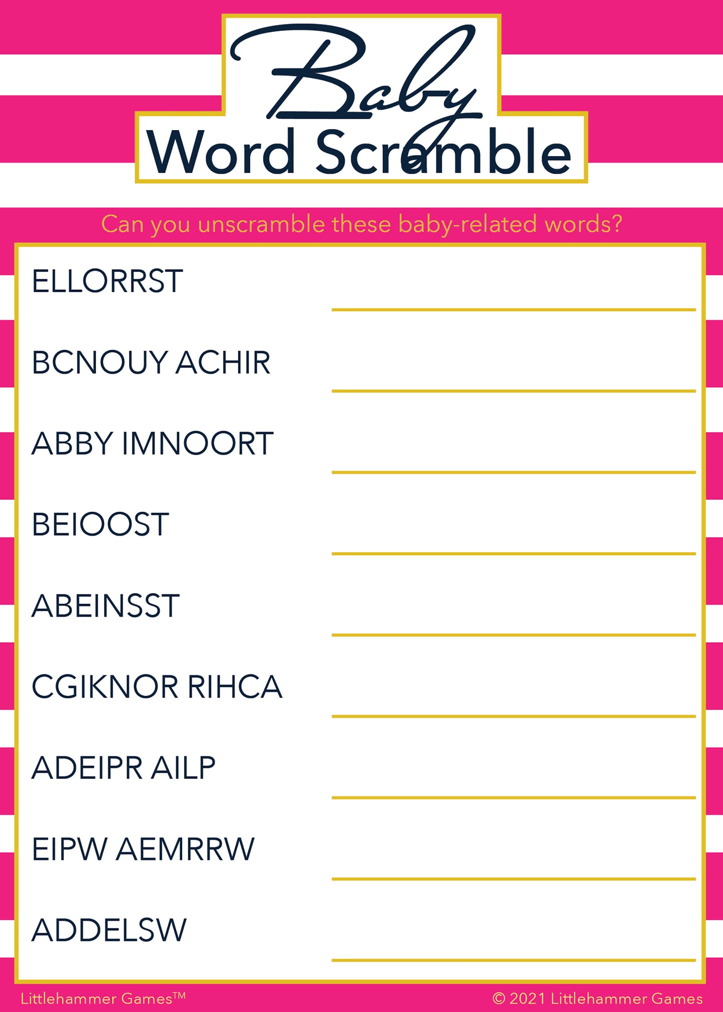 Baby Word Scramble game card with a pink-striped background