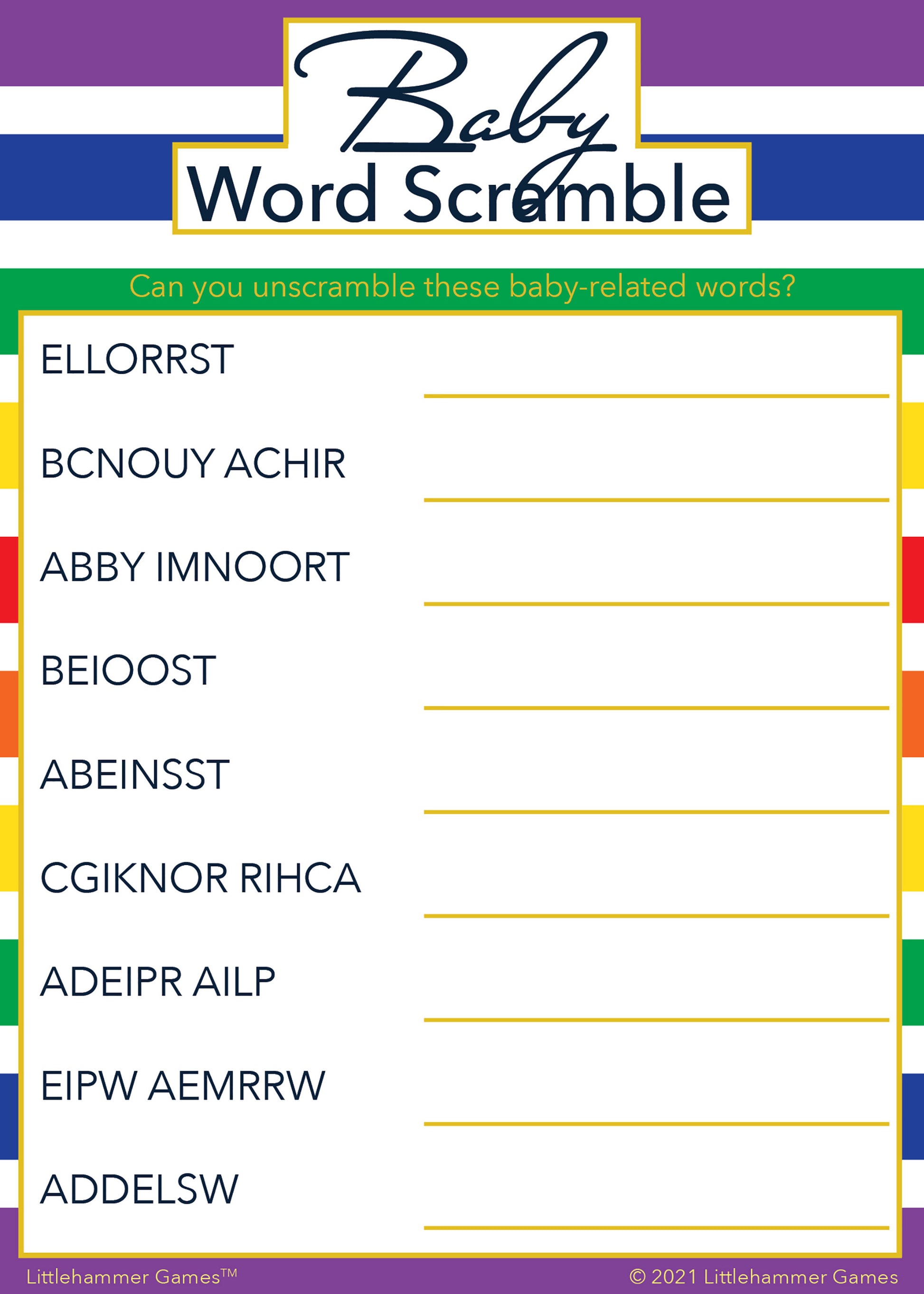 Baby Word Scramble game card with a rainbow-striped background
