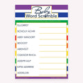 Baby Word Scramble game card with a rainbow-striped background