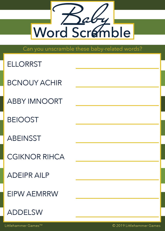 Baby Word Scramble game card with a green striped background