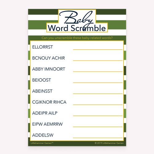Baby Word Scramble game card with a green striped background