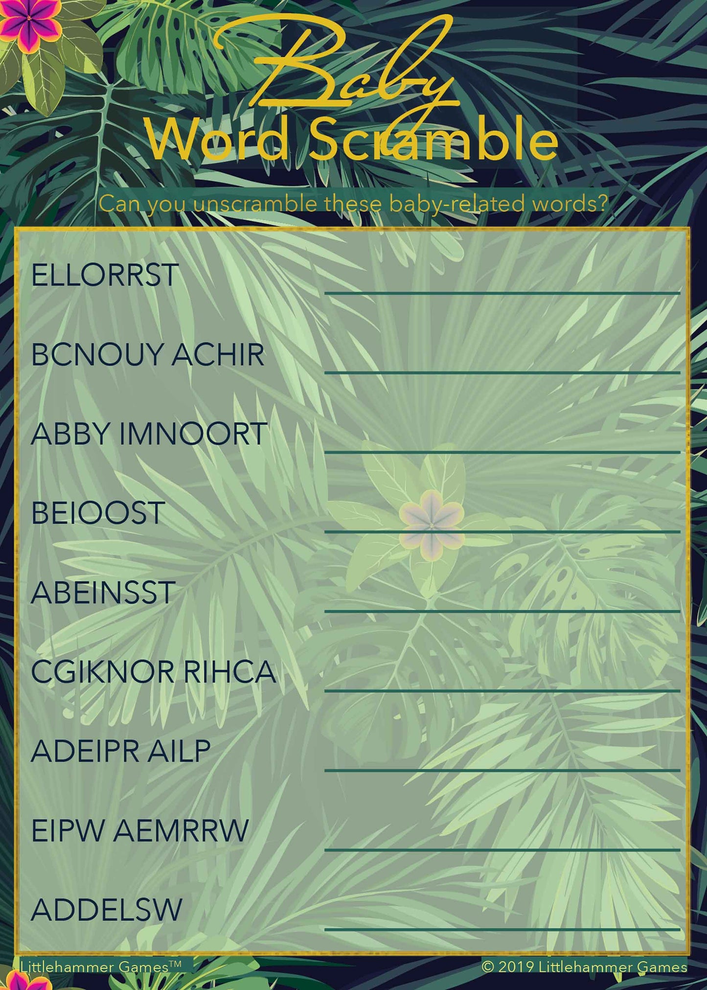 Baby Word Scramble game card with a tropical background