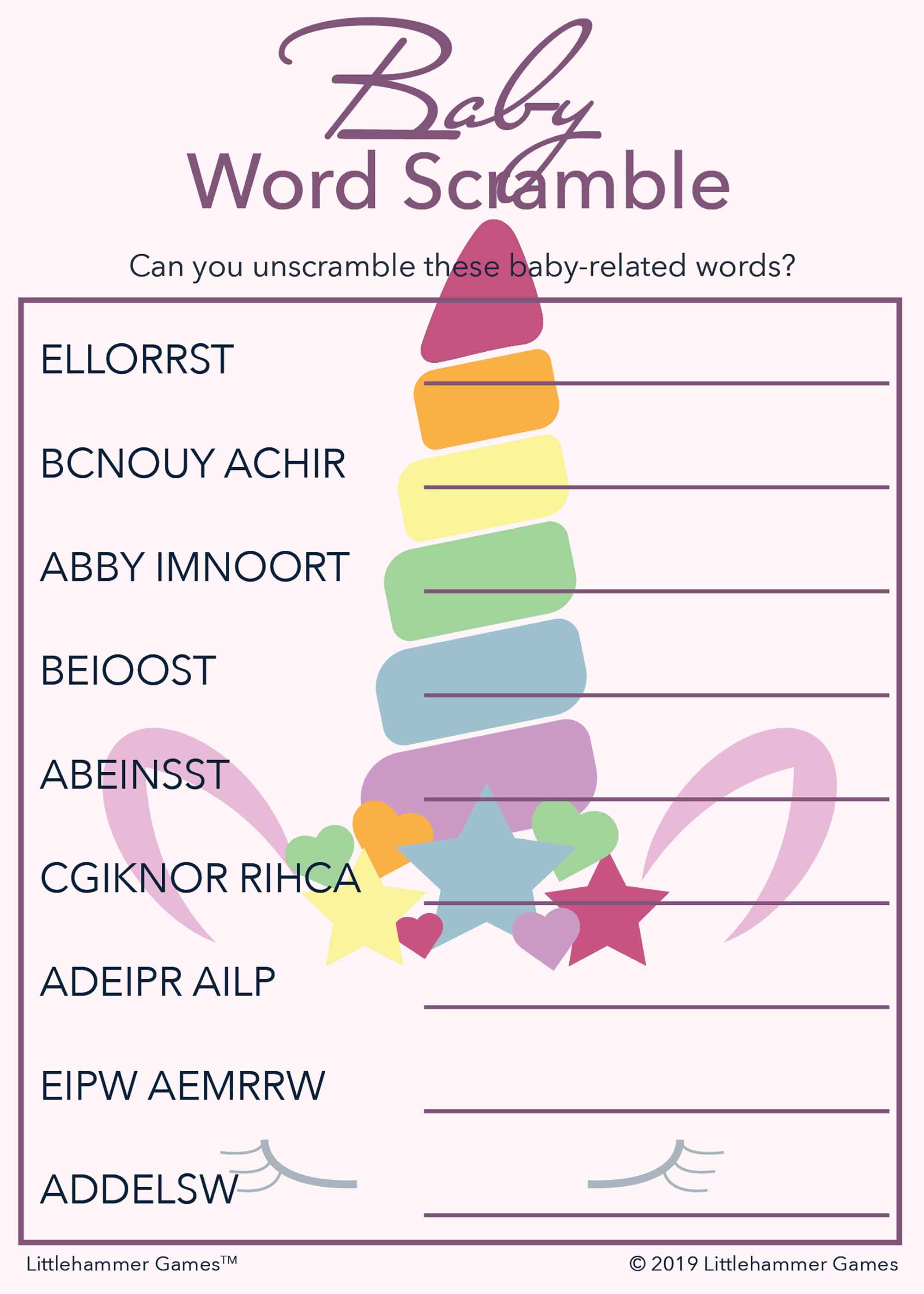 Baby Word Scramble - Unicorn Printable Game Cards – Littlehammer Games