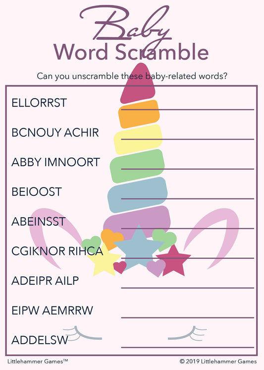 Baby Word Scramble game card with a pink and rainbow unicorn background