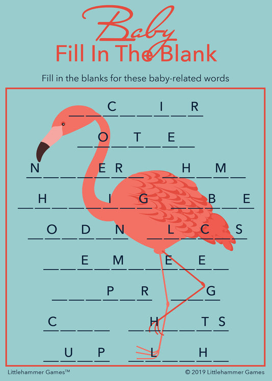 Baby Fill in the Blank game card with a bright flamingo on a blue background