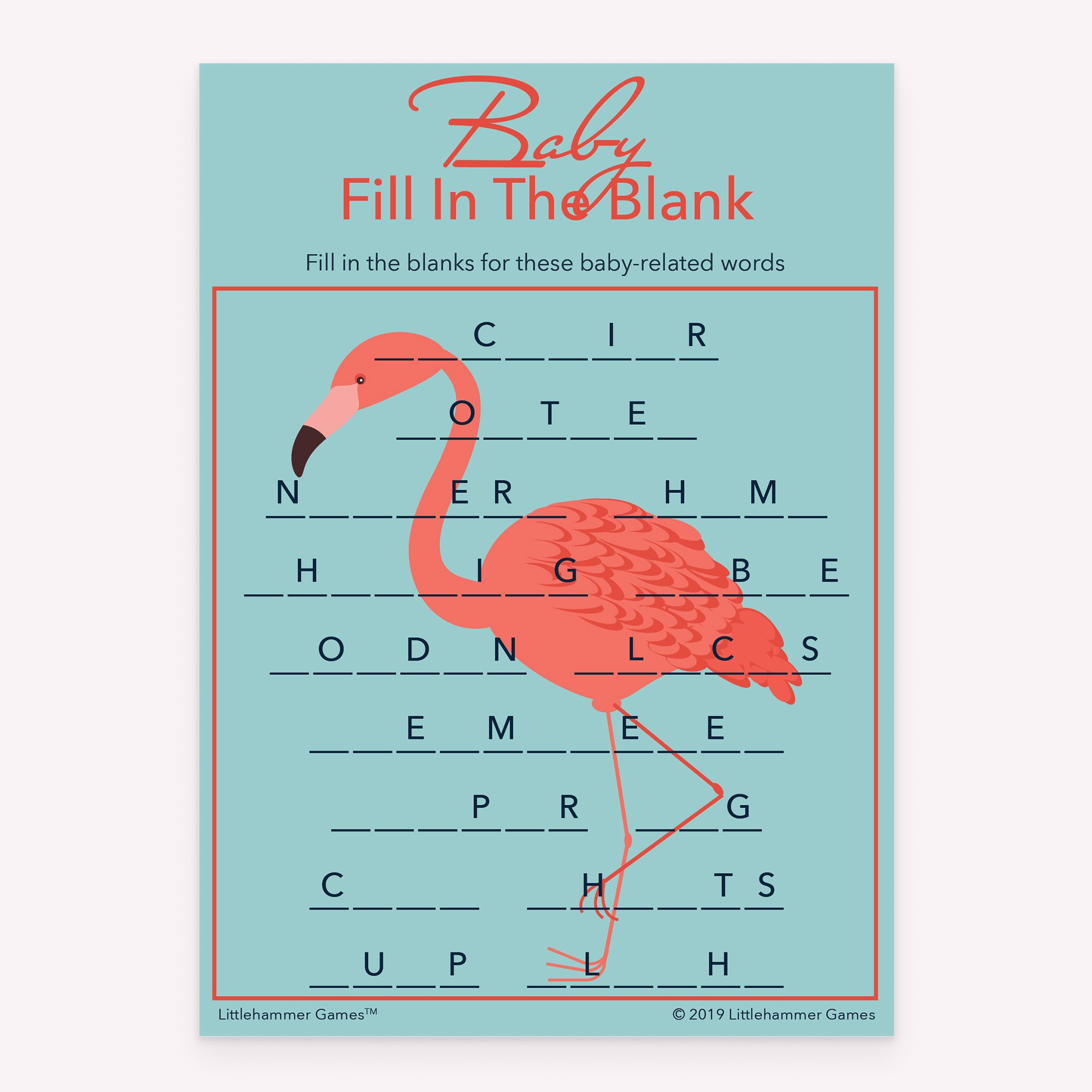 Baby Fill in the Blank game card with a bright flamingo on a blue background