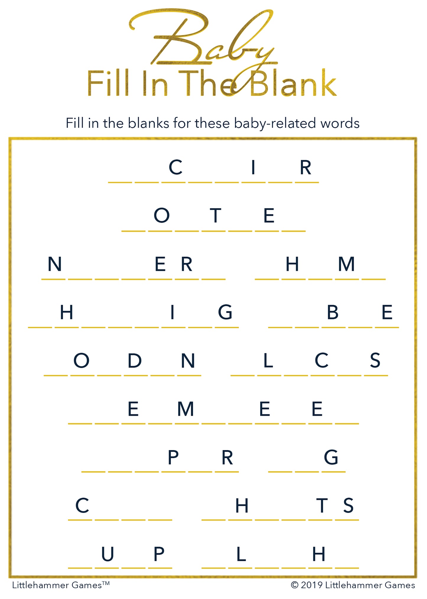 Baby Fill in the Blank game card with gold text on a white background