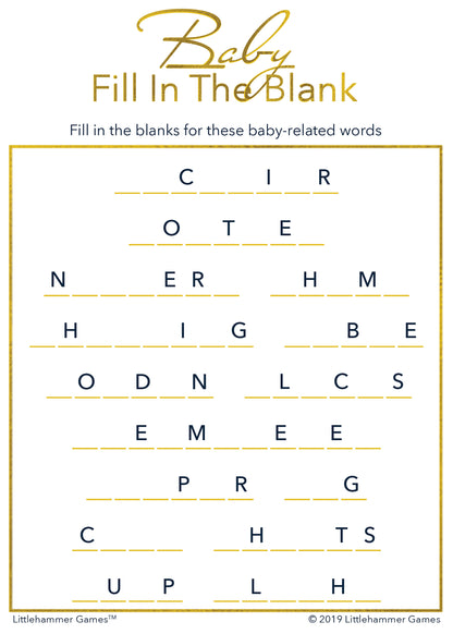 Baby Fill in the Blank game card with gold text on a white background