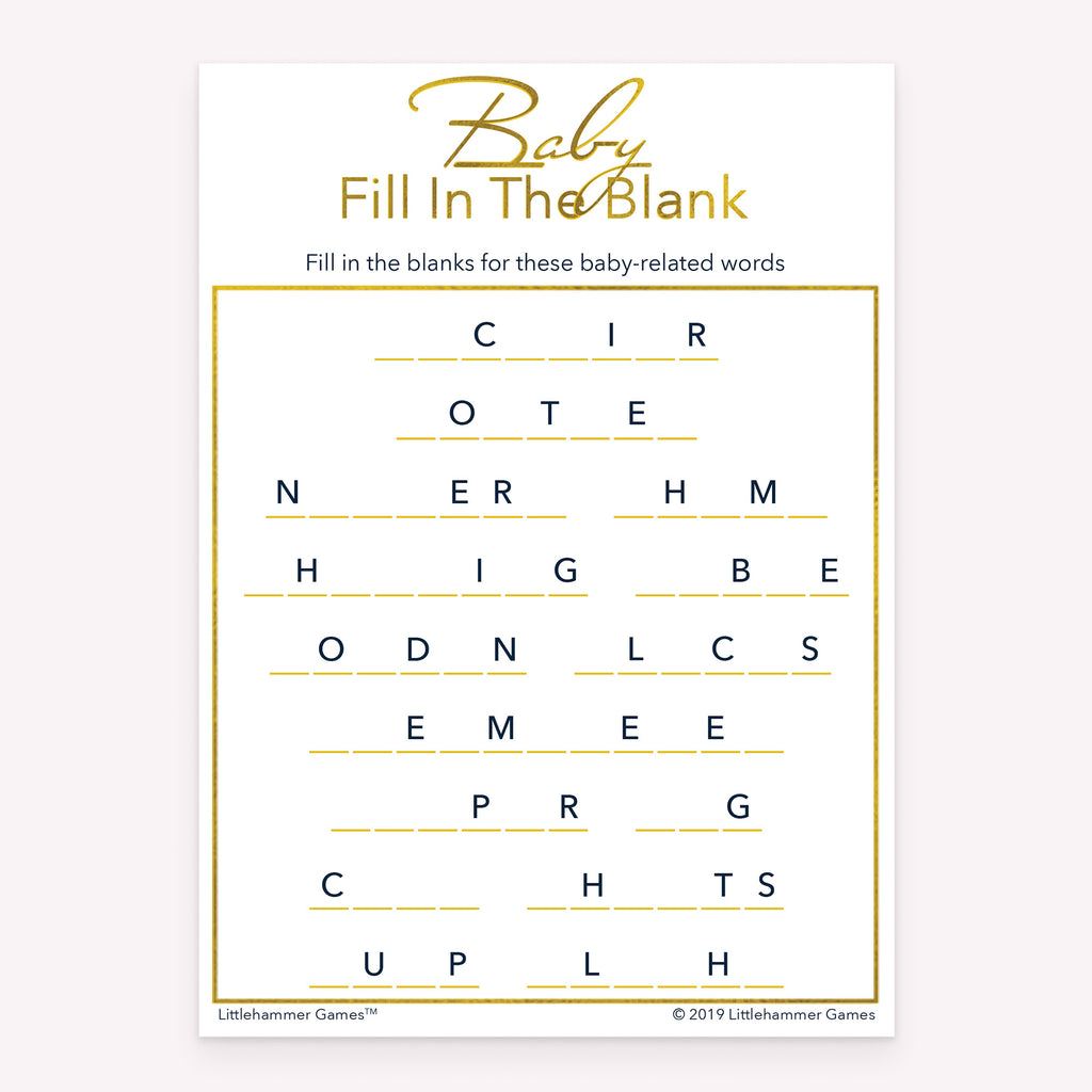 Baby Fill in the Blank baby shower printable game card featuring gold and white style