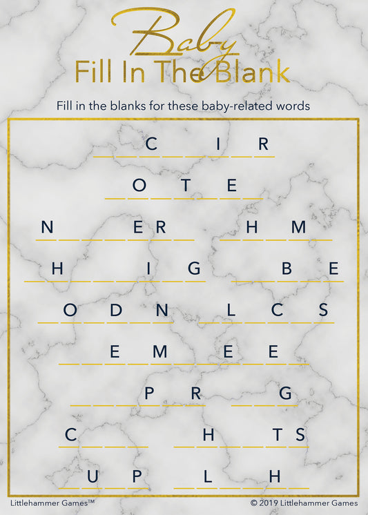 Baby Fill in the Blank game card with gold text on a marble background