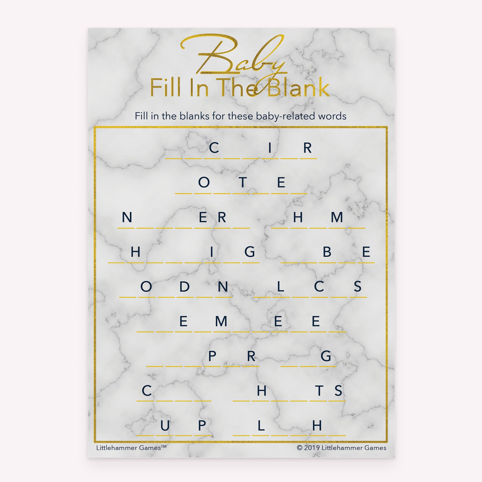 Gold and marble themed Baby Fill in the Blank printable baby shower game card