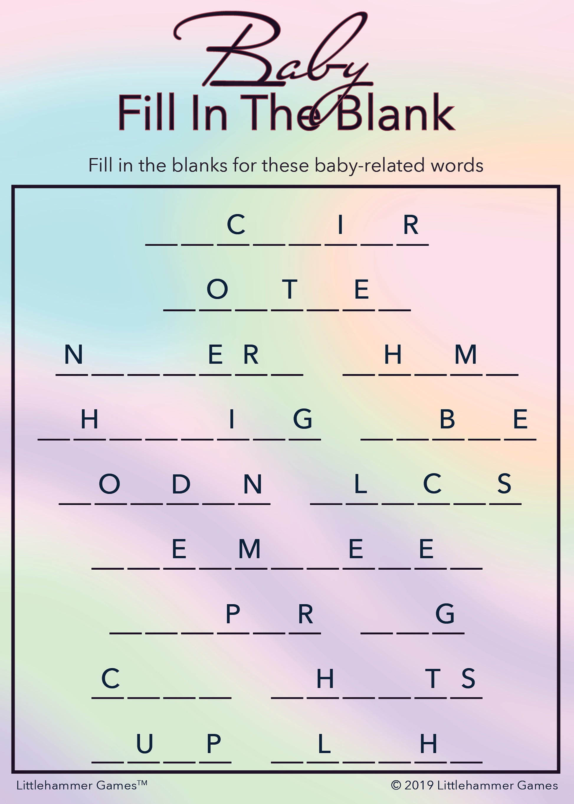 Baby Fill in the Blank game card with a rainbow holographic background