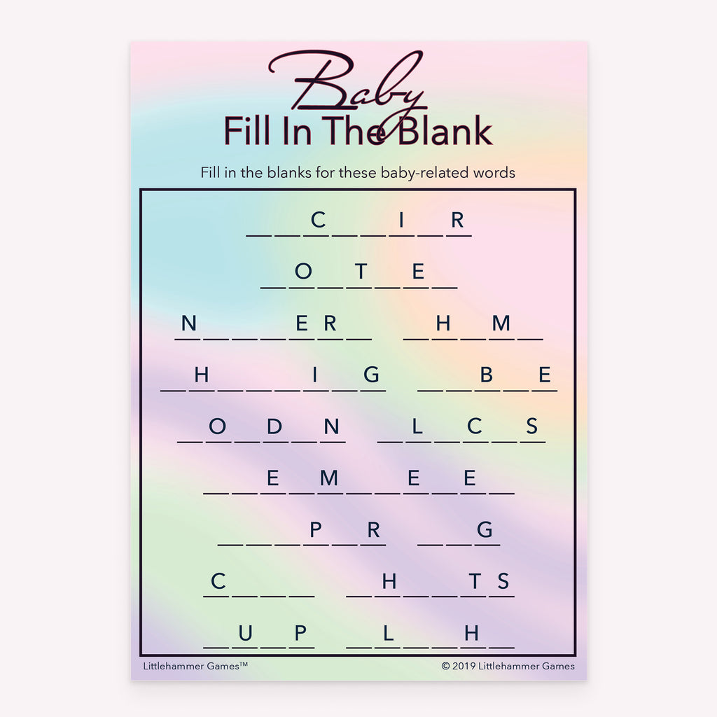 Baby shower printable Baby Fill in the Blank card featuring pastel hologram design