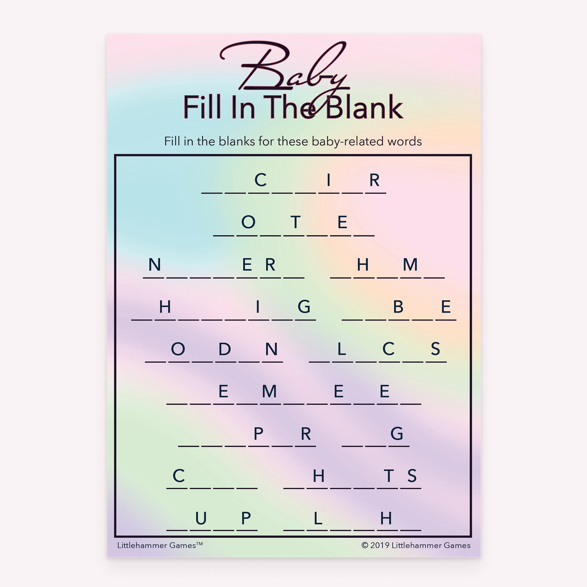 Baby shower printable Baby Fill in the Blank card featuring pastel hologram design