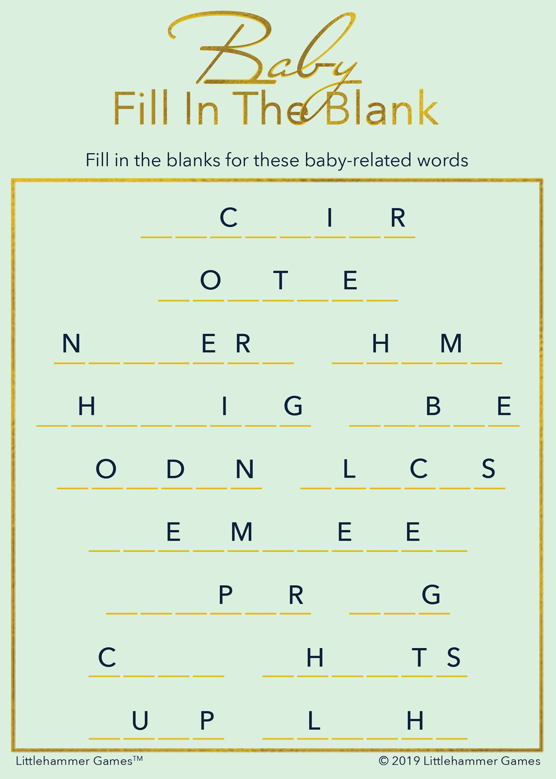 Baby Fill in the Blank game card with gold text on a mint background