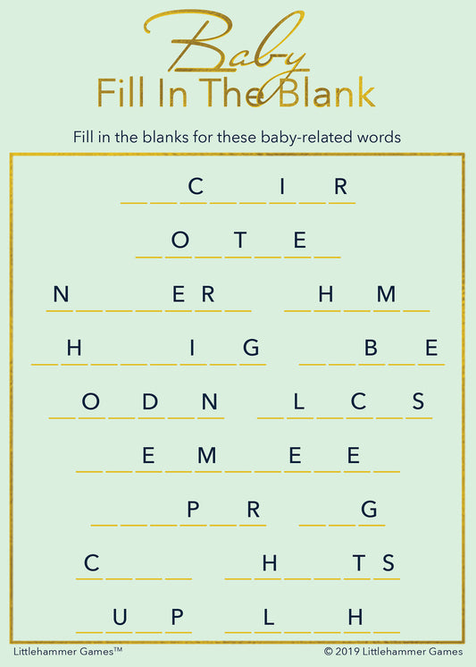 Baby Fill in the Blank game card with gold text on a mint background