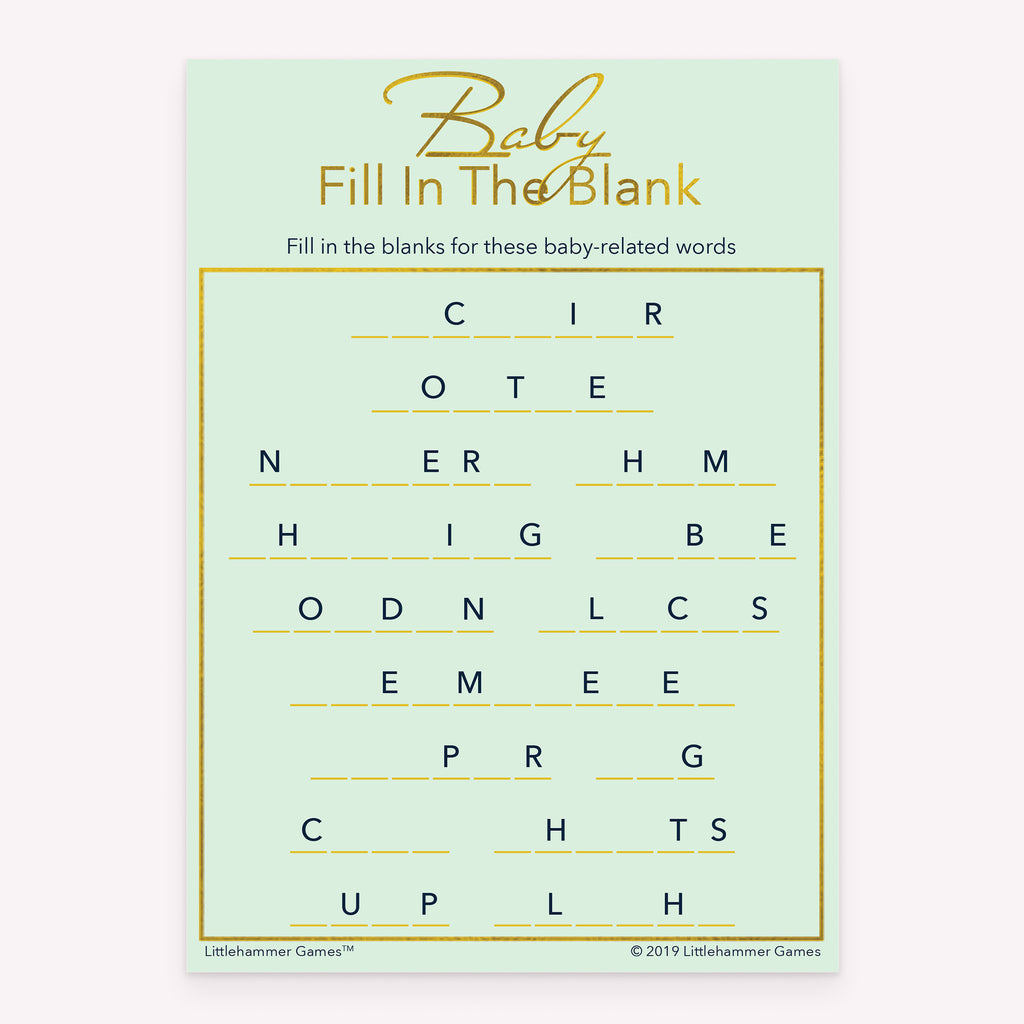 Baby shower Fill in the Blank printable game card in mint and gold color scheme