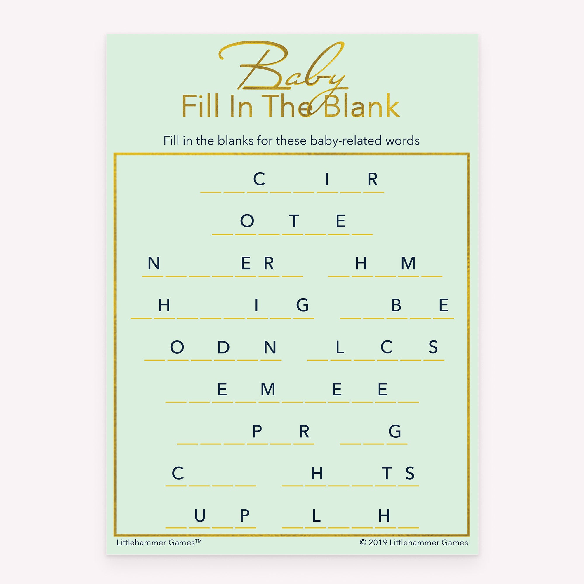 Baby shower Fill in the Blank printable game card in mint and gold color scheme